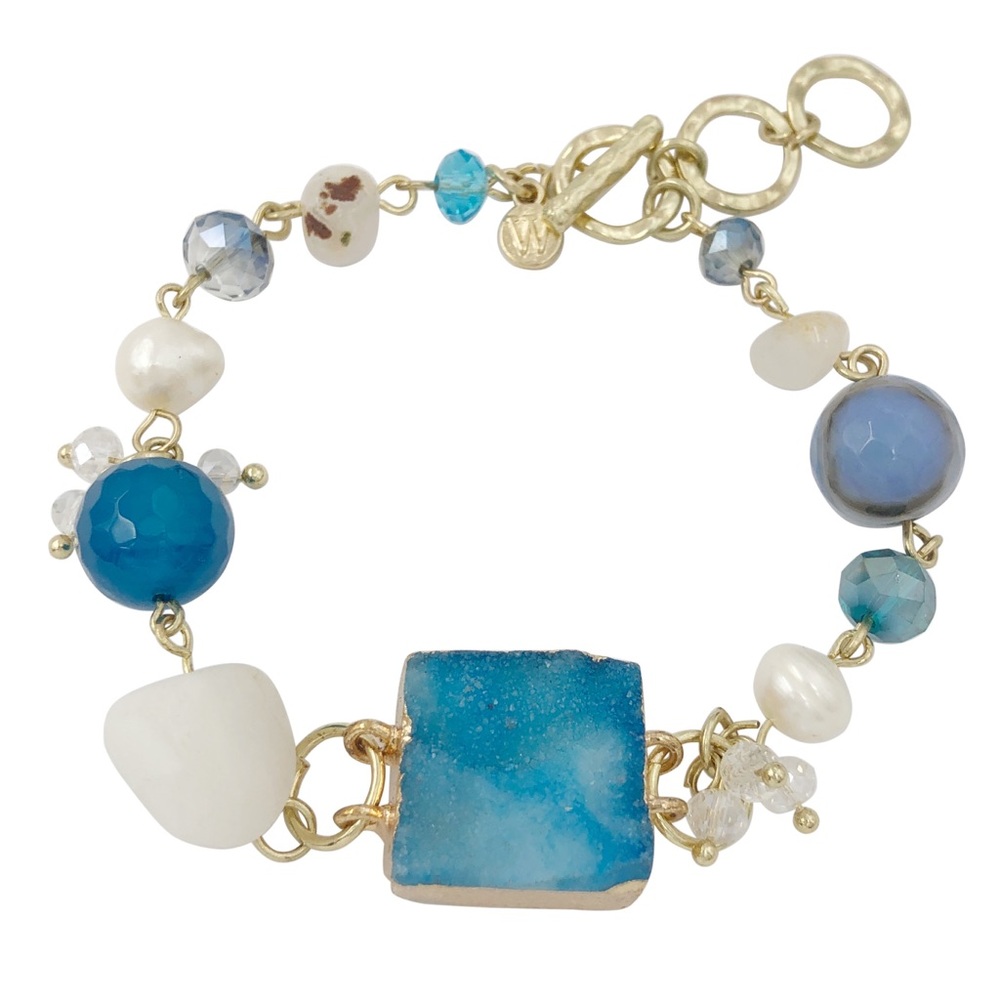 Multicolor Mixed Stone Blue Druzy Beaded Strand Toggle Bracelet
